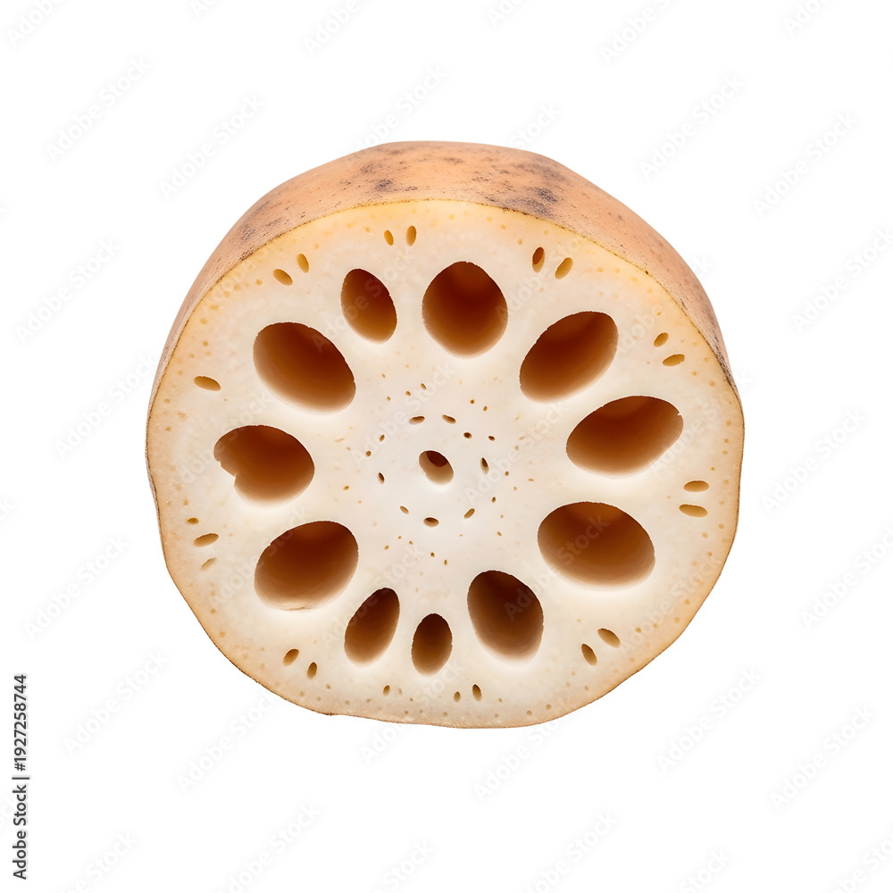 Fototapeta premium Lotus root slice with visible seeds and pores transparent background