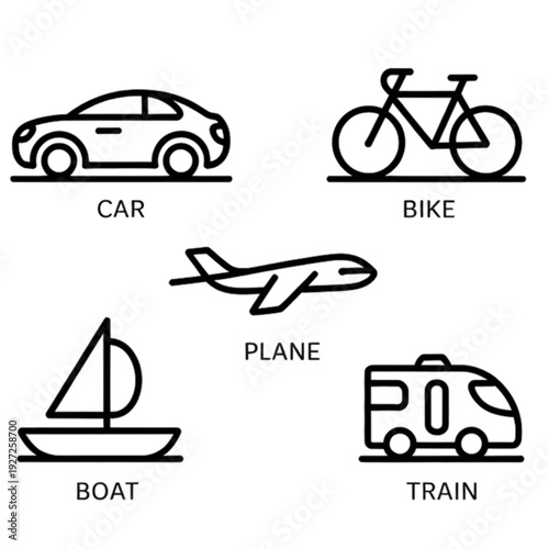 Vehicles Icons Set Transportation Modes isolated on transparent background.