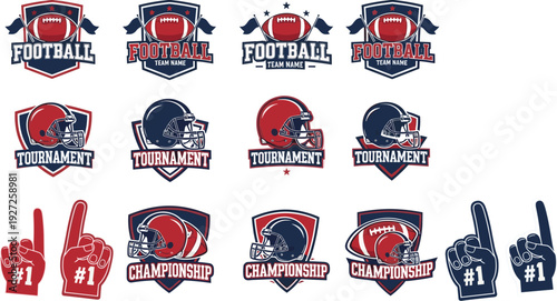 A collection of football-themed logos with helmets, tournament symbols, championship icons, and #1 foam fingers for sports teams and events