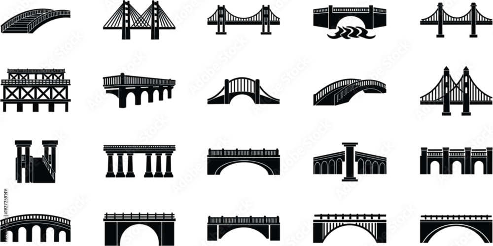 Obraz premium Bridge Icon Collection with Various Suspension Arch and Modern Bridge Silhouettes Vector Illustration Set