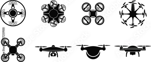 Drone Icon Collection with Quadcopters UAV Aerial Technology Silhouettes Remote Control Vector Illustration Set