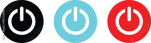 Three colorful power buttons on a white background