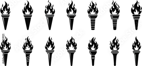 Torch Flame Icon Collection with Fire Torch Symbols Olympic Torch Silhouettes Vector Illustration Set