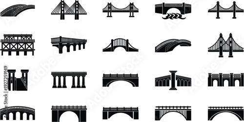 Bridge Icon Collection with Various Suspension Arch and Modern Bridge Silhouettes Vector Illustration Set