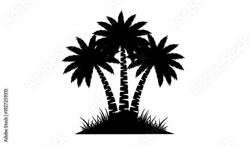 Black tropical palm trees cluster with dense spiky fronds and grassy mound silhouette isolated on transparent background