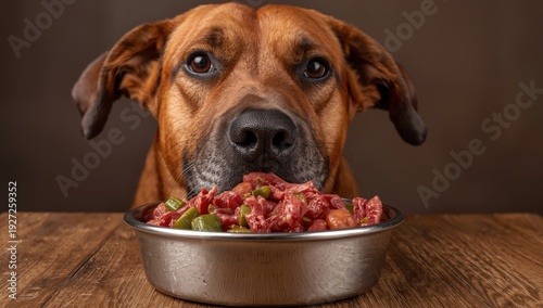 Wallpaper Mural Close-up of a dog attempting to eat raw meat from a bowl Torontodigital.ca