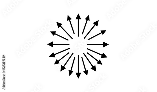 Black arrows pointing outward in circular radial pattern directional symbol isolated on transparent background
