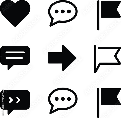 A collection of nine distinct black and white icons representing various actions and symbols.