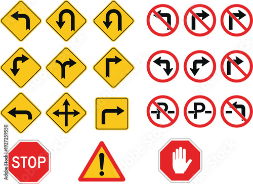 Free Download Road Traffic Direction and Prohibition Sign Icon Set with Warning and Stop Symbols Collection - GFXLoad