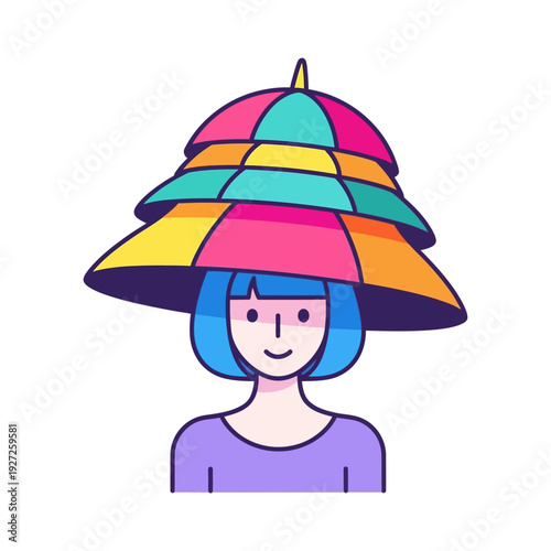 Woman with colorful layered umbrella hat, cheerful expression, blue bob haircut, vector illustration