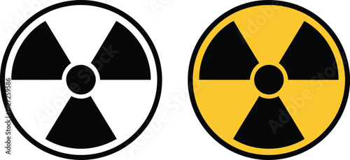 Two radiation warning symbols, one black and white, the other yellow and black.