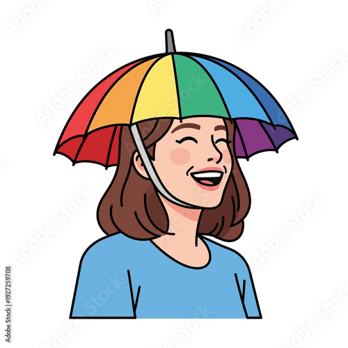 Happy Woman Laughing Under Rainbow Umbrella Hat