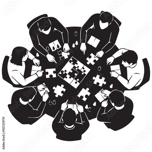 Teamwork concept with people solving puzzle together in meeting