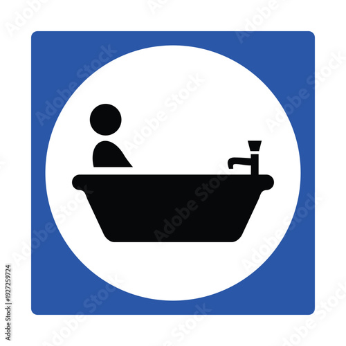 Bath Icon Blue Sign – Bathtub with Person Symbol for Public Bathroom, Spa, Hotel, Wellness Center and Sanitary Facility Wayfinding Design