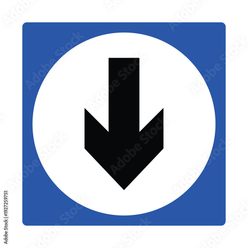 Emergency Exit Direction Icon – Down Arrow Safety Symbol, Blue Evacuation Route Sign for Building Egress, Stairway Guidance, Office, Mall, Hospital and Public Facility Wayfinding