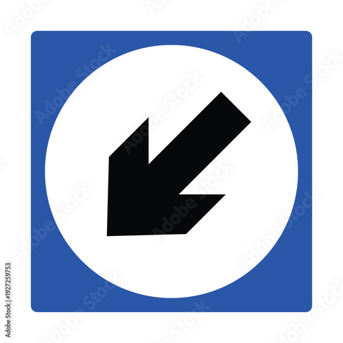 Emergency Exit Direction Icon – Down Left Arrow Safety Symbol, Blue Evacuation Route Sign for Building Egress, Stairway Guidance, Office, Mall, Hospital and Public Facility Wayfinding