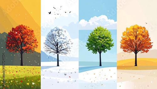 Four panels showing a solitary tree representing spring, summer, autumn, and winter seasons with different scenery