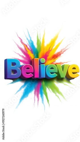 A vibrant explosion of colors forming the word believe isolated on transparent background