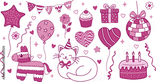 A girly birthday set with a cute cat and festive elements. feminine kawaii party