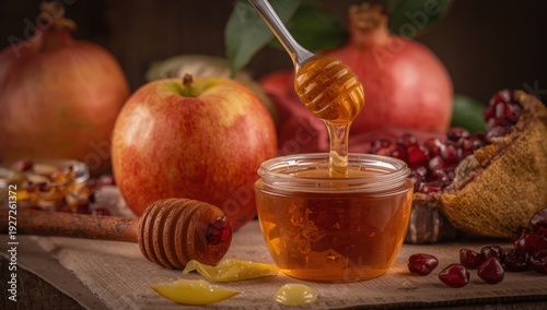 Closeup of apples and honey for Rosh Hashanah, with pomegranate behind