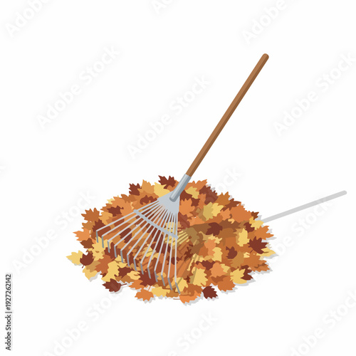 Isometric Detailed Rake and Pile of Autumn Leaves Illustration