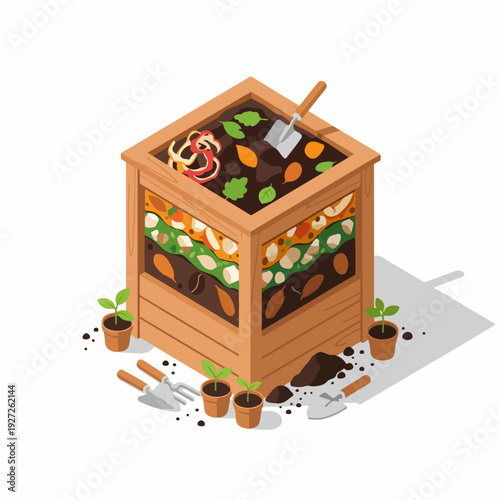 Isometric Detailed Compost Bin Container with Gardening Tools Illustration