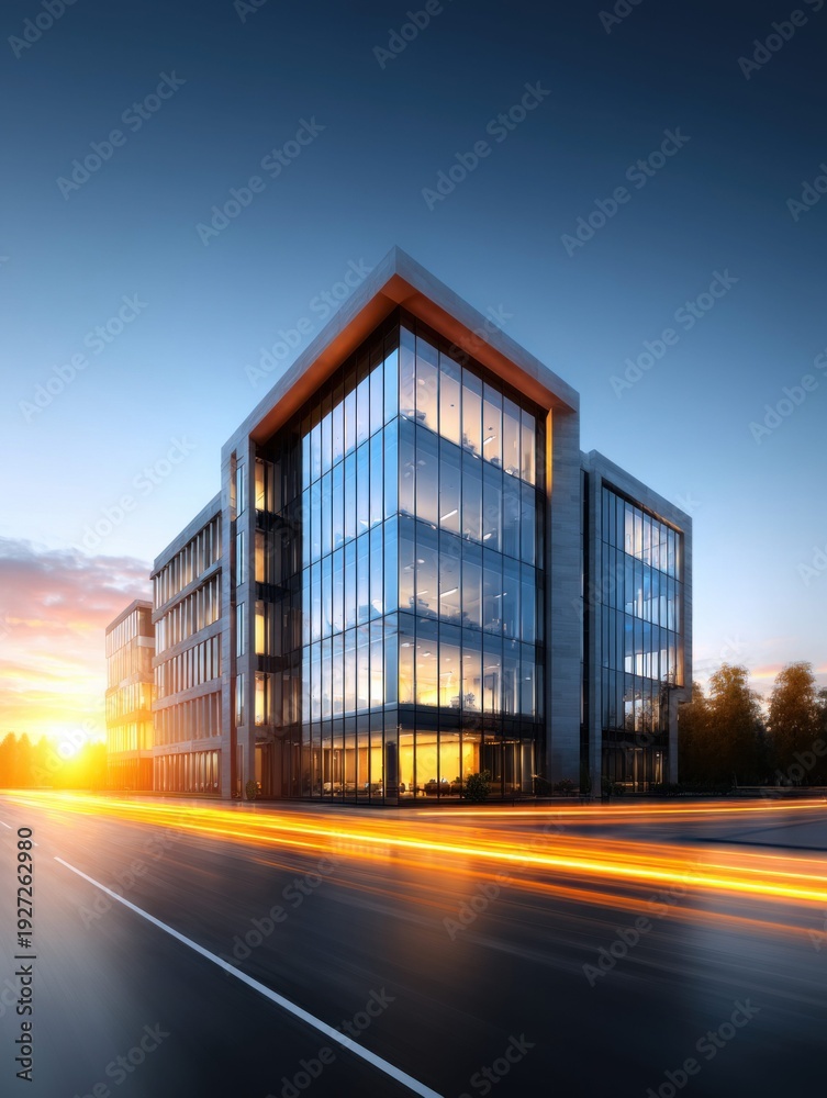 Obraz premium Modern glass office building with light trails on the road at sunset