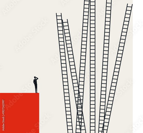A minimalist business vector concept illustration depicting a man choosing between precarious ladders. A visual metaphor for career paths and choices.