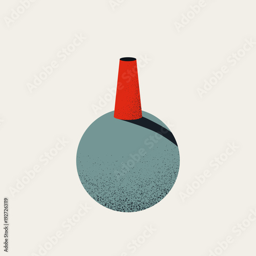 An environmental minimalist vector illustration depicting an ecology concept. A textured blue earth sphere is topped with a red industrial chimney, highlighting global pollution.