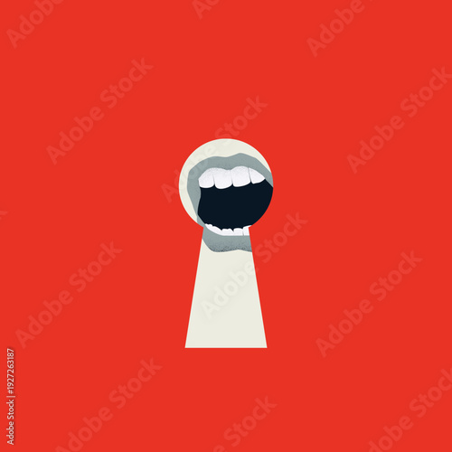 A bold minimalist vector illustration exploring a secret or privacy concept. It displays an open speaking mouth looking through a white keyhole set against a vibrant red background.