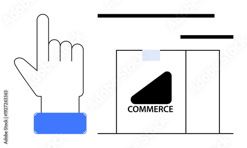E-commerce, online shopping, delivery services, business transactions, retail technology, order processing. Hand pointing to elements near a package labeled commerce. E-commerce and delivery services