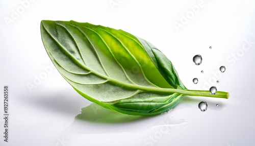 unmarried falling basil leaf with water drops remoted on white heritage