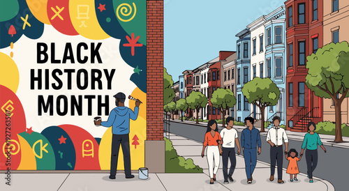 Vector illustration of Black History Month mural painting and diverse community walking by houses