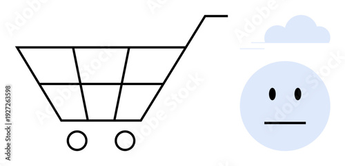 Online shopping, consumer trends, emotions, decision-making, behavioral analytics, e-commerce. Empty shopping cart and neutral face under a cloud. Consumer behavior and emotions in online shopping