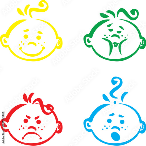 Set of 4 baby face expressions, continuous one line drawing vector icons
