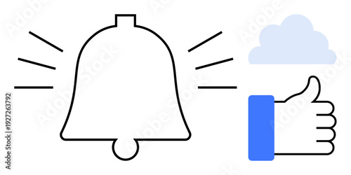 Notification concept. Bell icon for alerts, thumb up approval, and a cloud for cloud-based functionality. Notification systems for apps, reminders, collaboration, feedback, teamwork