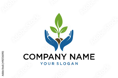 Hands Cupping Green Plant Logo Representing Nature Care, Growth, and Sustainability