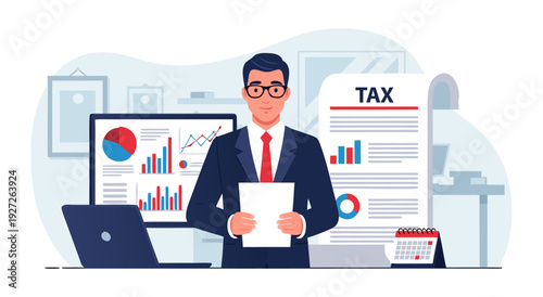 Business man holding documents in front of financial charts and tax report, vector illustration
