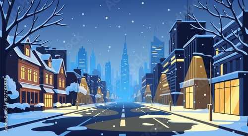 Vector illustration of a snowy city street at dusk with buildings and streetlights