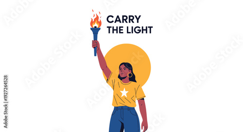 Woman carrying torch with text