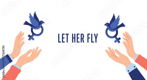 Empowerment icon set with female symbols and birds