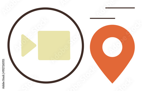 Video recording, geolocation, tech tools, navigation, online communication, digital connectivity. A film camera icon next to a geolocation pin. Video recording and geolocation