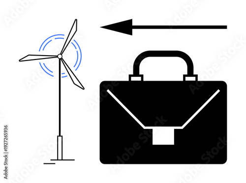 Renewable energy and business. Symbols of a wind turbine, briefcase, and arrow suggesting renewable energy influencing modern business strategies. For sustainability, innovation, technology, growth