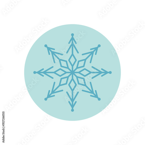 Blue circle sticker with snow flake icon and icy line label. Frost and cold shape bring winter decoration for box or xmas season, flat symbol with cool blue style element.