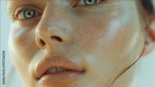 High-resolution showcasing the beauty of a young woman with freckled skin and glowing complexion. Focus is on her lips, nose, cheeks, and eyes, highlighting her natural features.