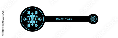 Winter snowflake label in black and blue with ornament outline. Ice element decorates package or box and gives chill xmas decoration. Shipping element in outlined style, snow flake accent.