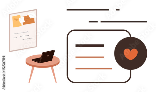 Productivity, creativity, remote work, workplace settings, communication, collaboration. A laptop on a desk with a note board and digital heart icon. Productivity and communication