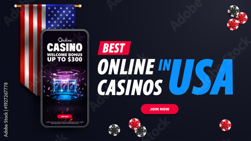 Best online casinos in USA, banner with a flag of USA, button, smartphone with offer and poker chips, top view