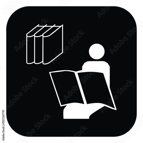Library Icon Black and White Vector – Reading Person with Open Book and Books Symbol, Public Education Sign for School, University, Study Room, Academic Facility and Information System