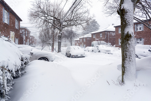 Принти на полотні Heavy snowstorm burying residential street in Brighton Massachusetts